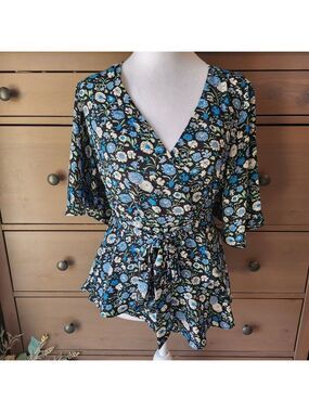 LOFT Floral V-Neck Wrap Top - Black and Blue